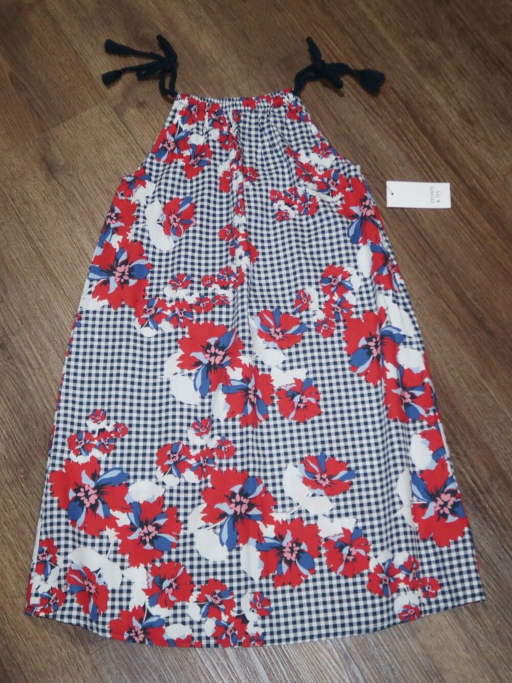 NWT Girls Crown & Ivy Navy Blue Red White Gingham Floral Summer Sun Dress YM Med